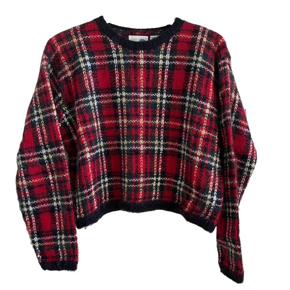 Red Tartan Plaid Mohair Blend Cropped Sweater Paul Harris Design Womens S VTG